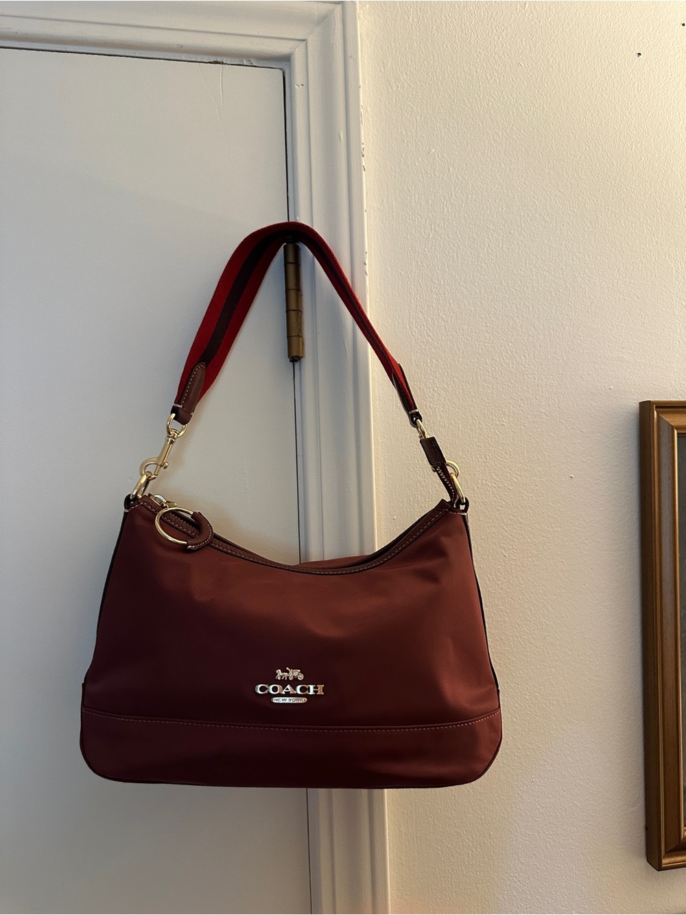 Coach Court Hobo Wine Burgundy Satin Nylon Varsity Stripe Shoulder Bag Gold
